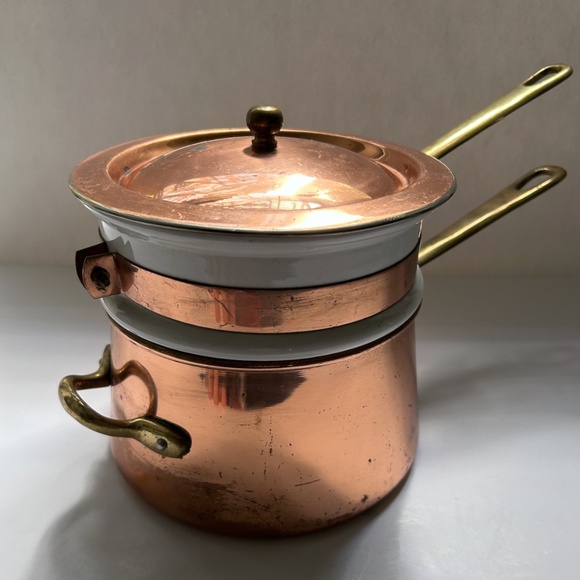 Vintage Double Brass Handled Copper & Ceramic Bain-Marie - Picture 3 of 16